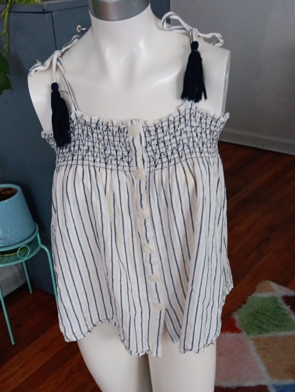 Maurices Striped Button-Front Tank Top with Tassel Straps - White & Navy